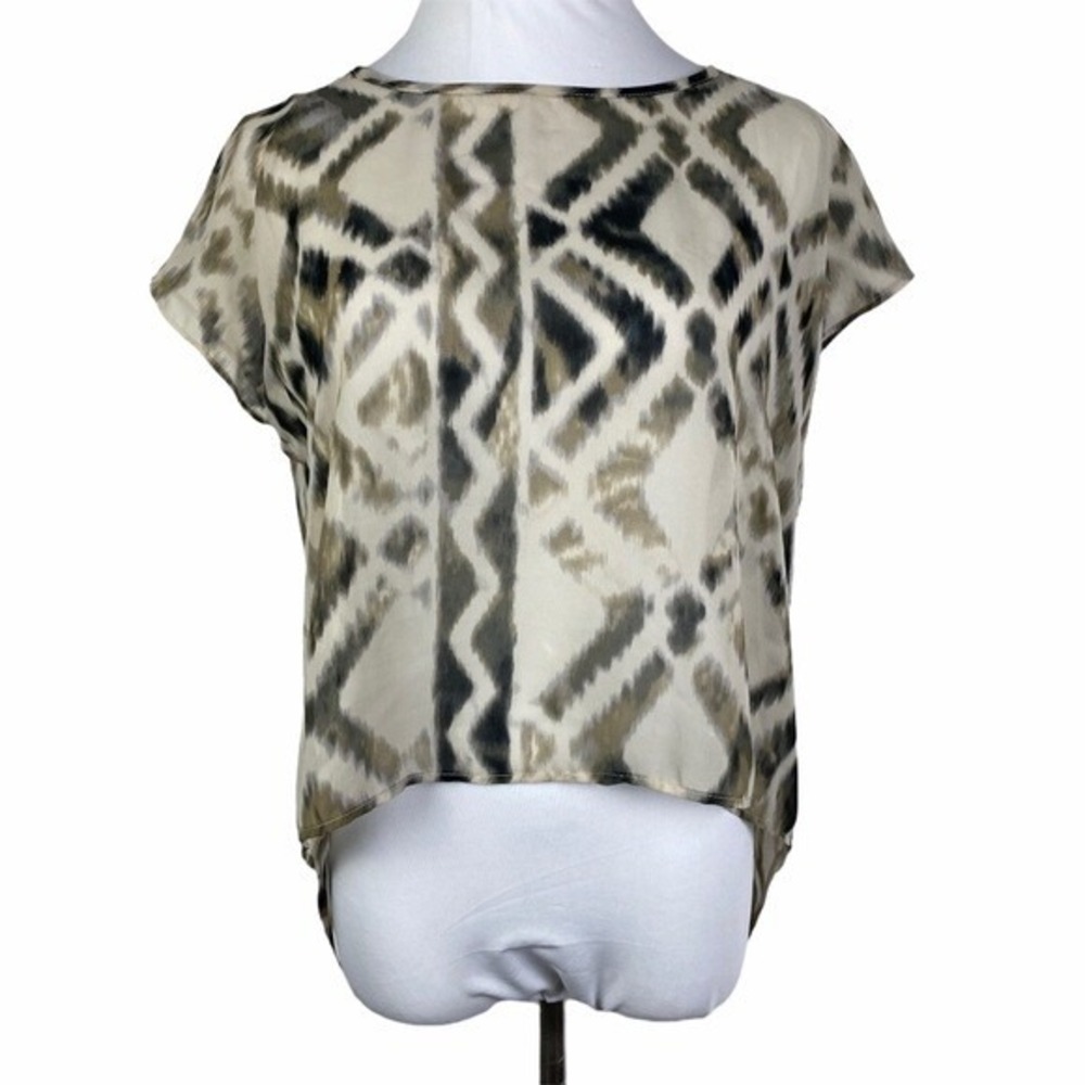 Forever 21 XXI Aztec Hi-Low Open Tail Blouse Women's Medium Tan Brown Semi-Sheer